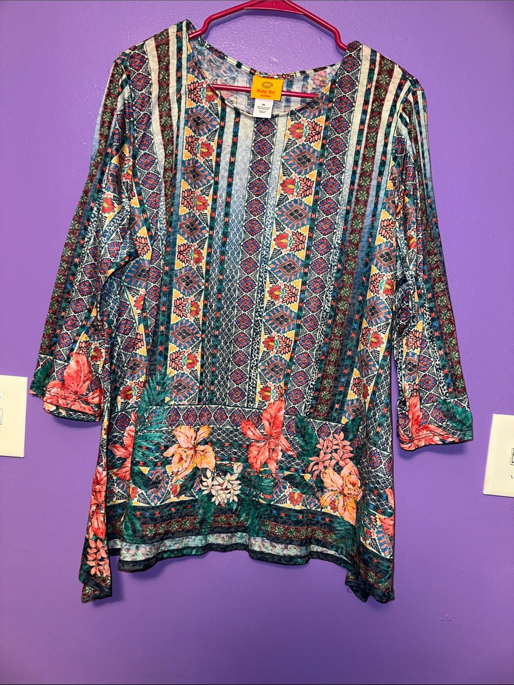 Ruby Rd. Floral & Geometric Print Tunic - Teal, Coral, Cream